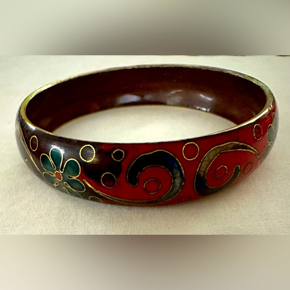 Vintage Handcrafted Gorgeous Floral Swirls Cloisonné Enamel Bangle Bracelet OOAK